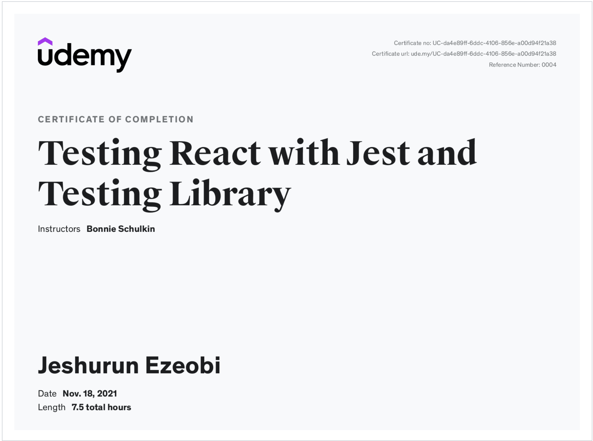 Testing React with Jest & Testing Library certificate