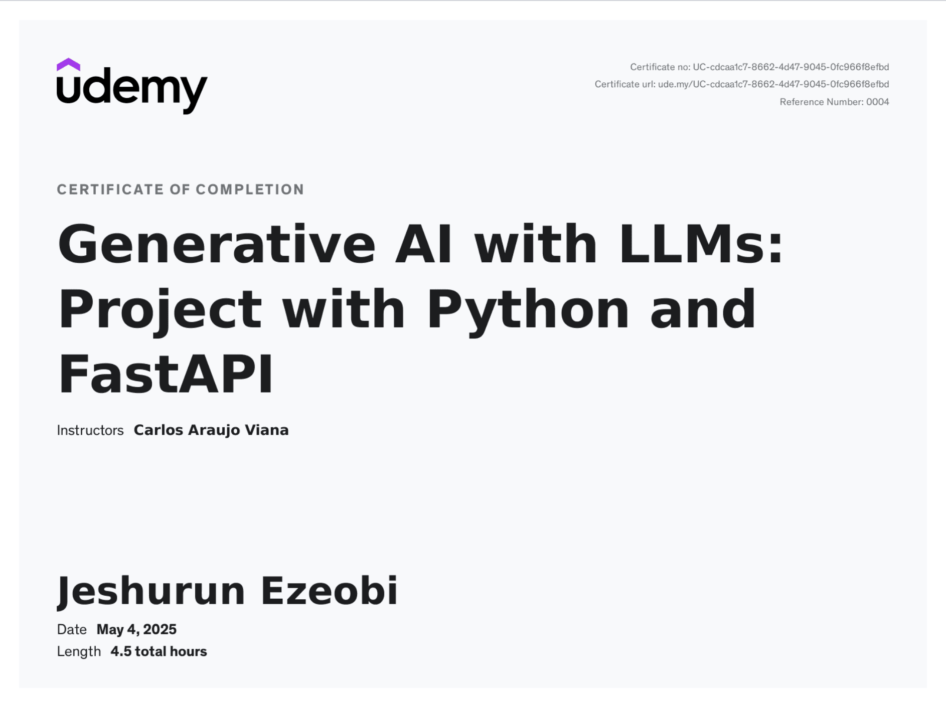 Generative AI with LLMs — Project with Python & FastAPI certificate