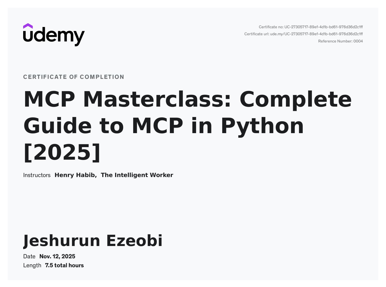 MCP Masterclass — Complete Guide to MCP in Python (2025) certificate