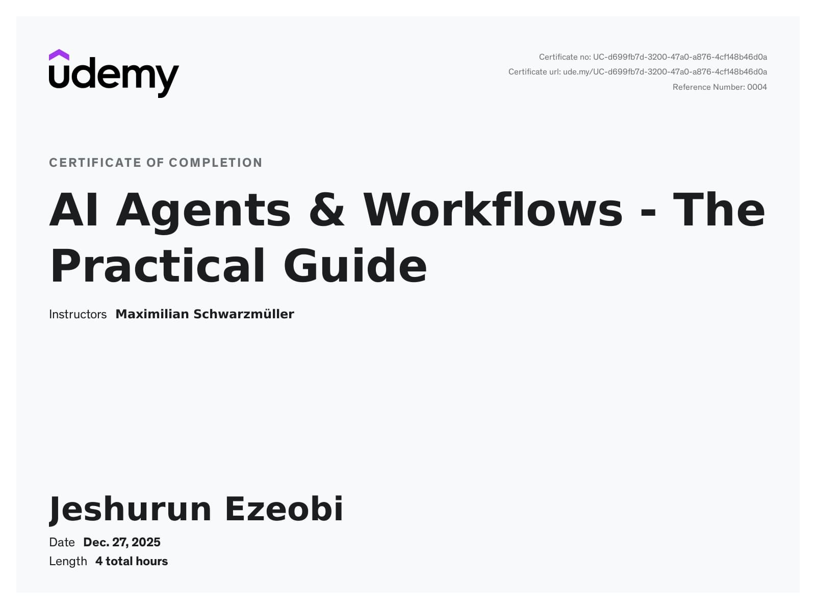 AI Agents & Workflows — The Practical Guide certificate
