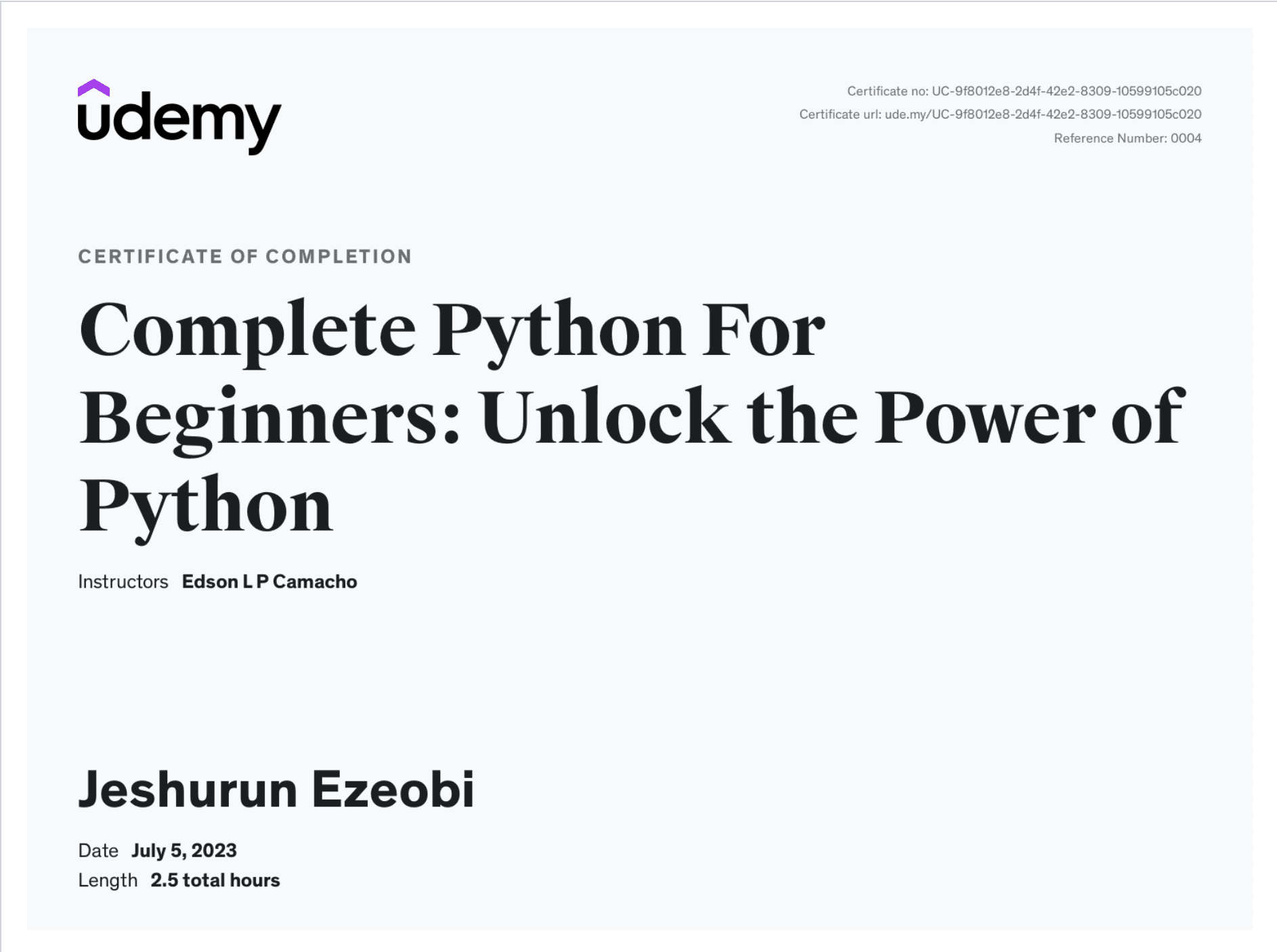 Python Programming — Unlock the Power of Python certificate