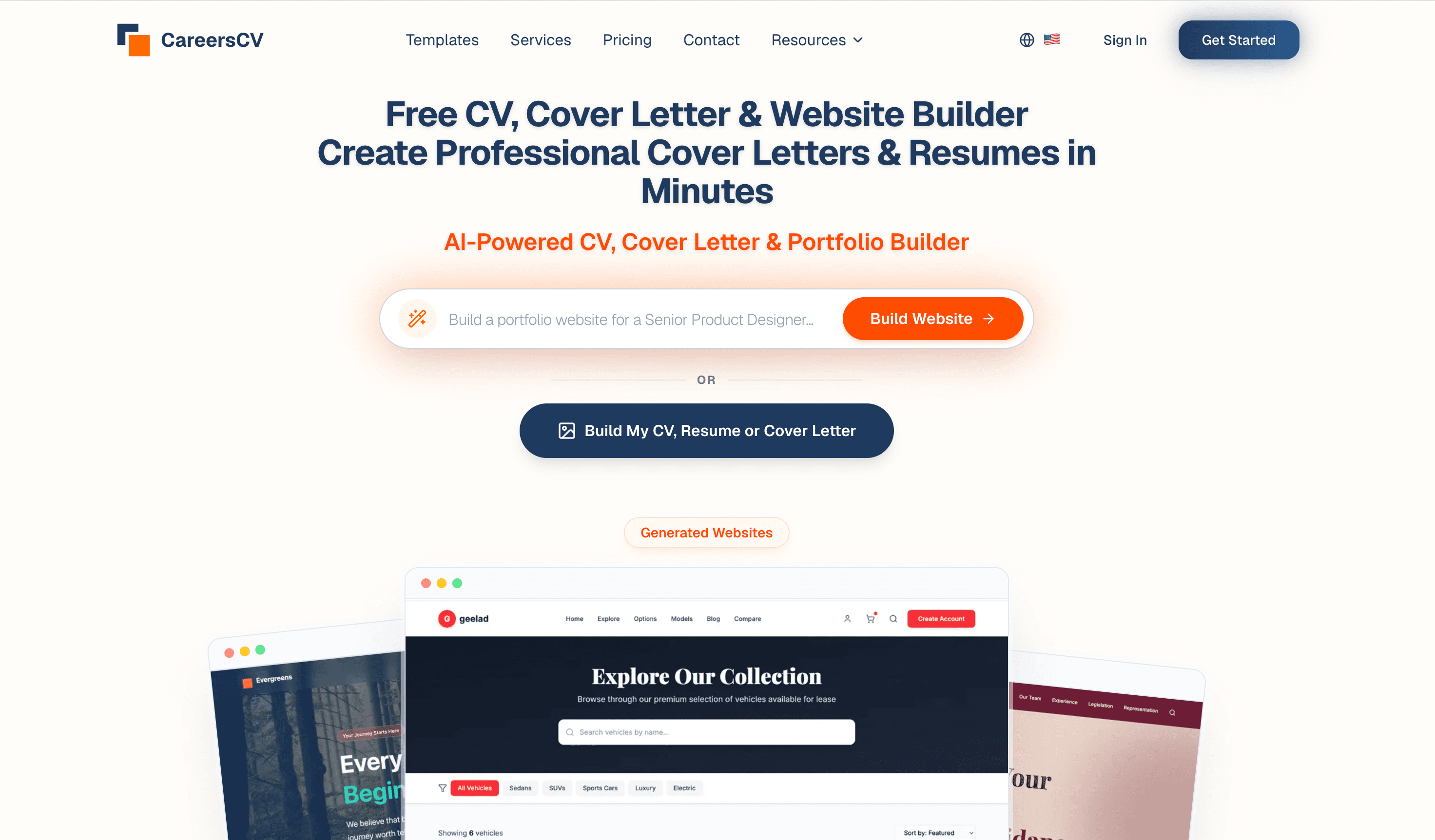 careerscv.io landing — AI-powered CV, cover letter and website builder