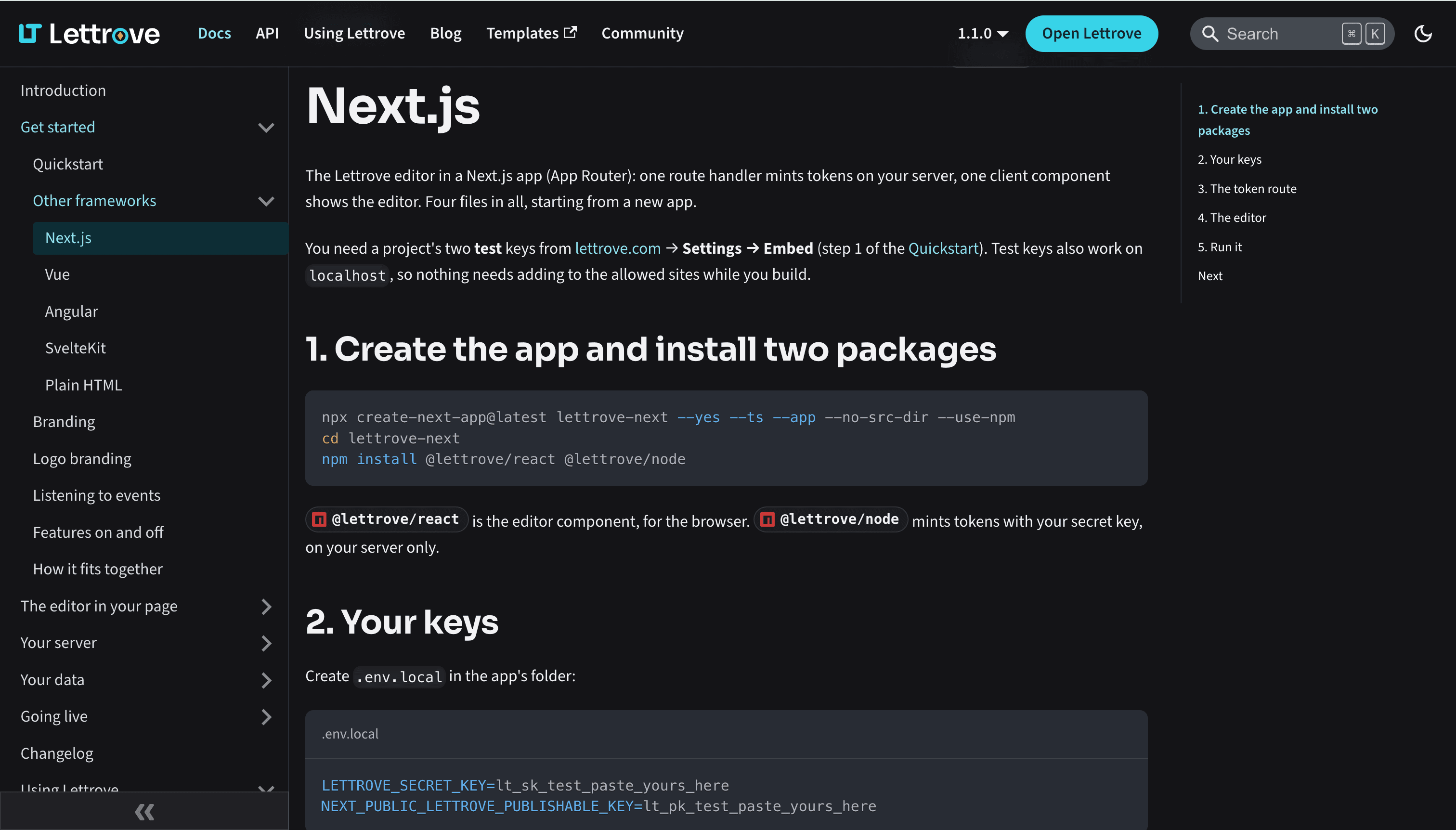 docs.lettrove.com Next.js guide — the editor in an App Router app