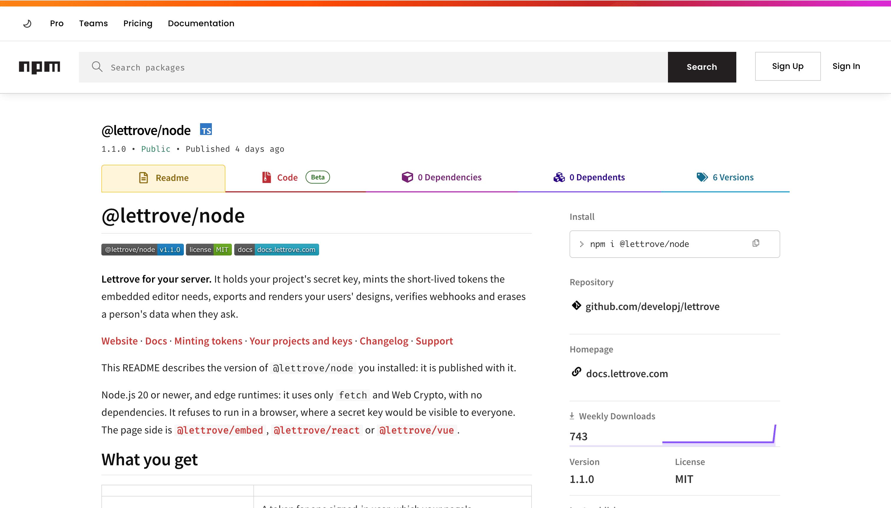 @lettrove/node 1.1.0 on npm