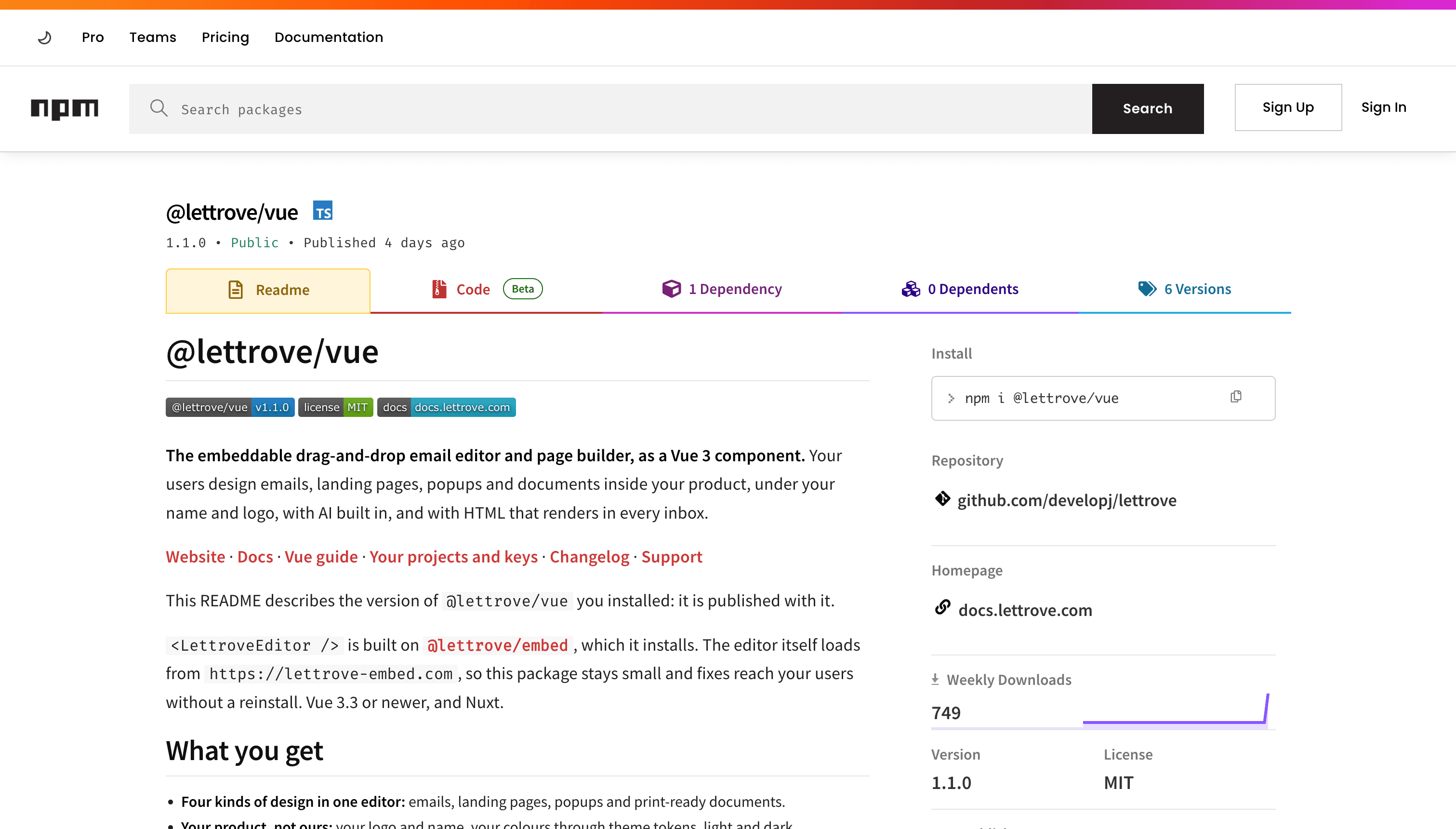 @lettrove/vue 1.1.0 on npm